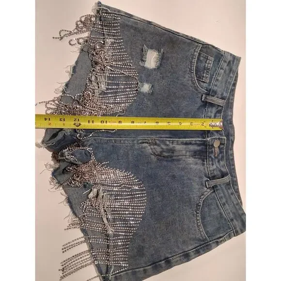 Windsor Rhinestone Fringe Denim Shorts High Waist Distressed Festival Bling M - Picture 3 of 8